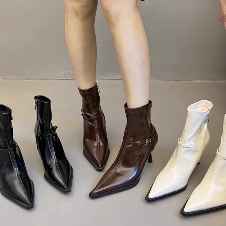 Women French Style Buckle High Heel Ankle Boots, 2026 Autumn New Pointed Toe Stiletto Soft Skin Slim Fit Boots