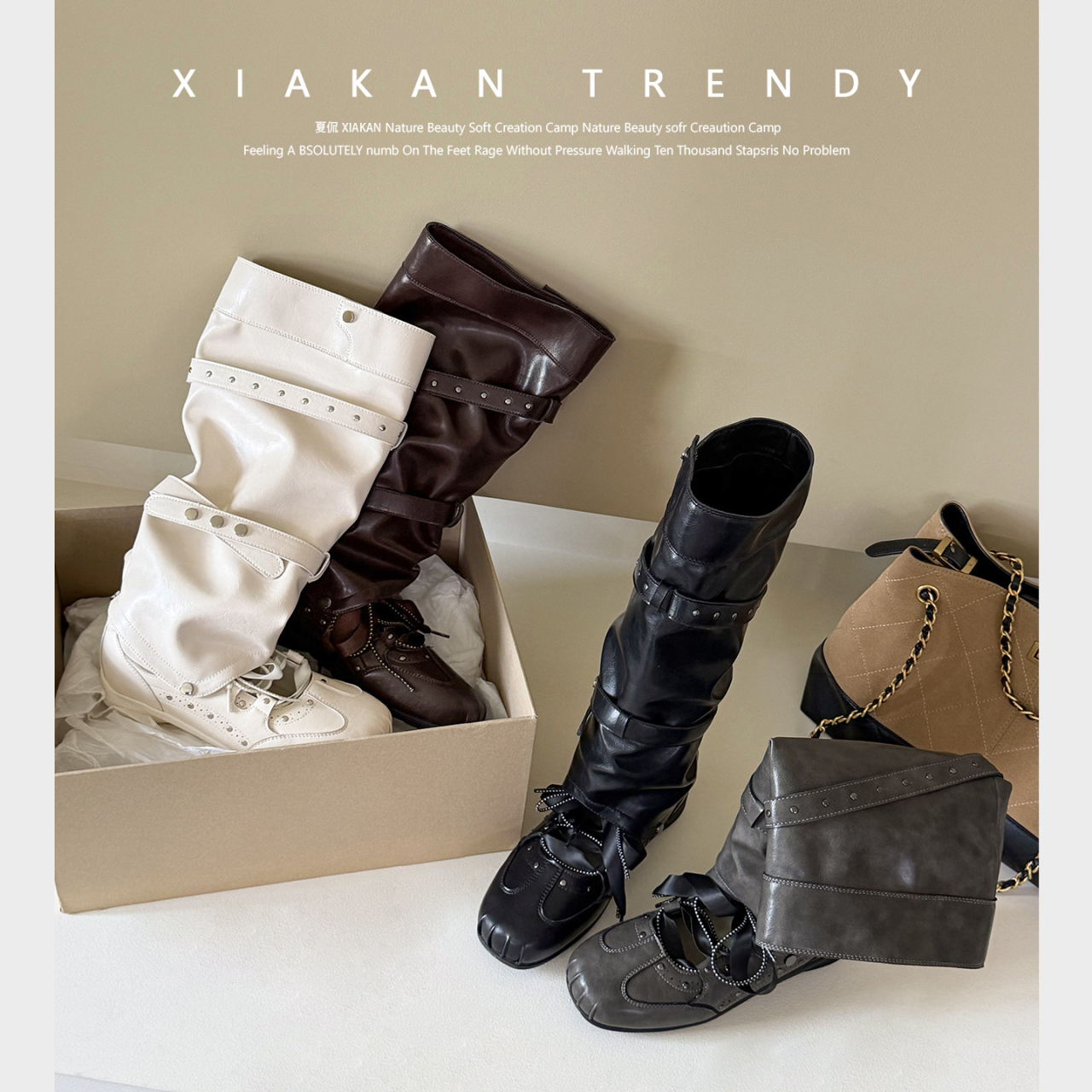 Women Detachable Two-Wear Square Toe Ballet Sandal Boots, 2026 Summer Pleated Slouch Martin Boots, 7cm Invisible Height Increasing Fashion Boots