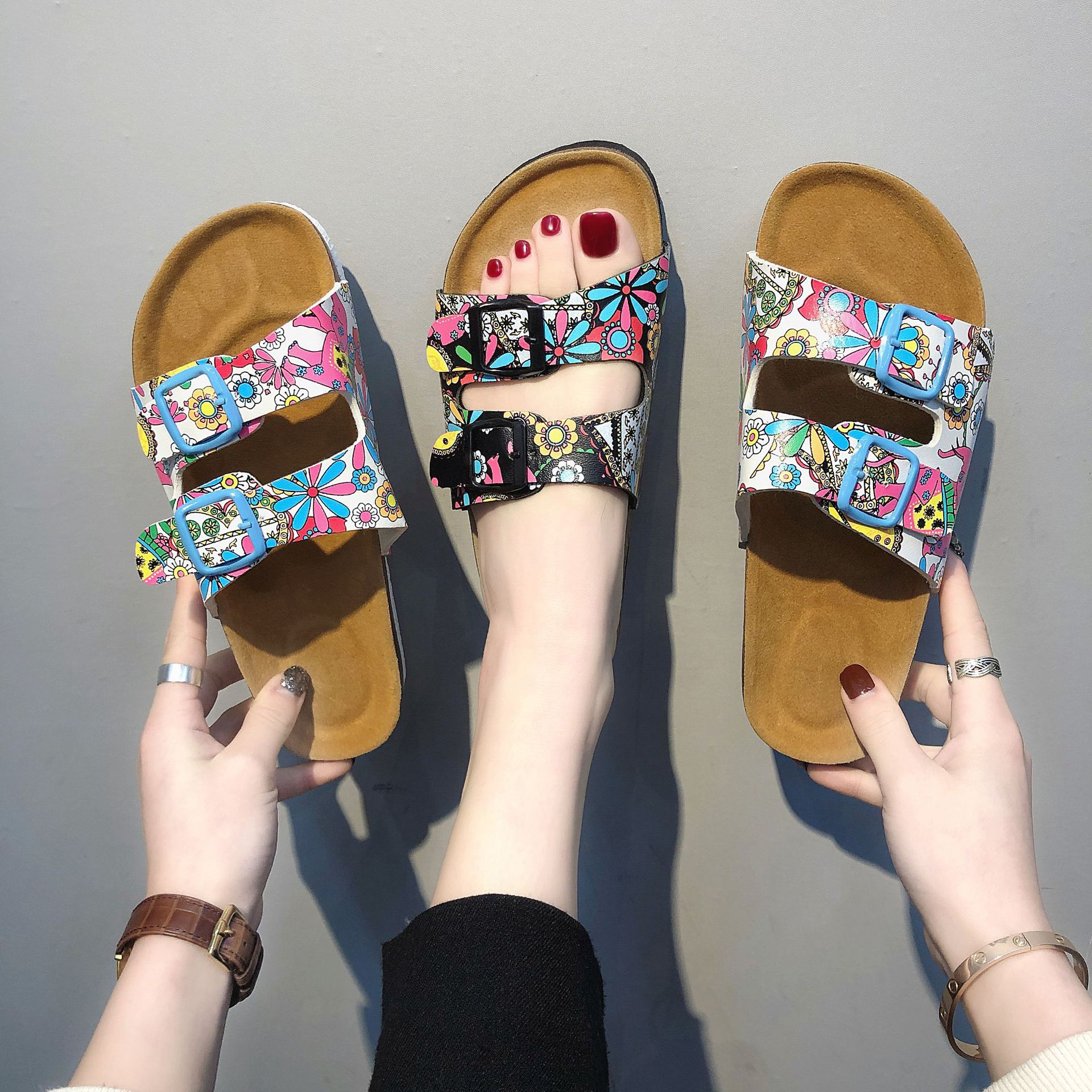 Casual Slippers Two Buckle Flat Cork Drag Sandals Foreign Trade