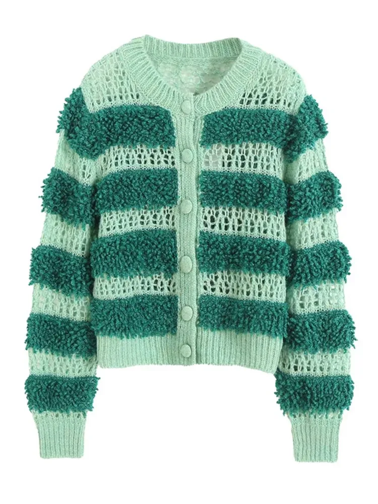 Hit Color Knitting Cardigan For Women Rond Neck Long Sleeve Patchwork Single Breasted Hollow Out Slim Sweaters Female