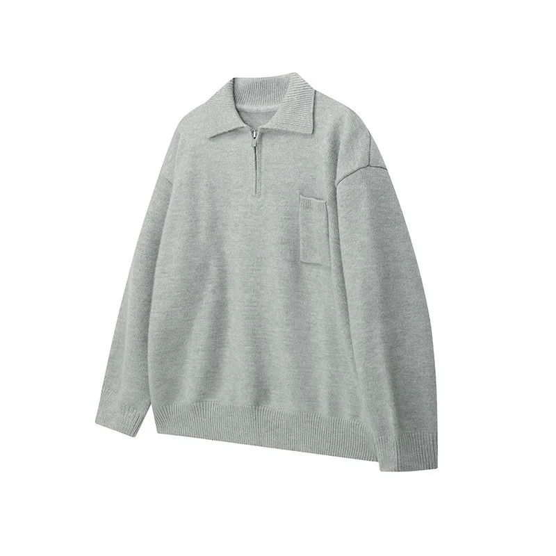 Loose Solid Color Half-Zip Polo Neck Pullover Sweater