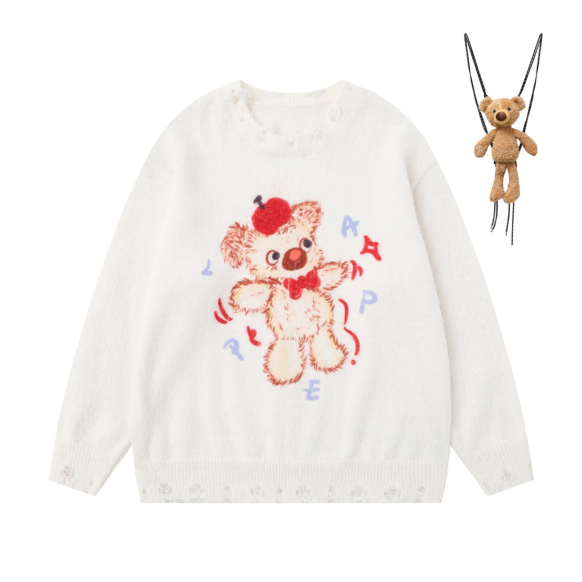 Casual Trendy Bear Design Backpack-Style Knit Sweater