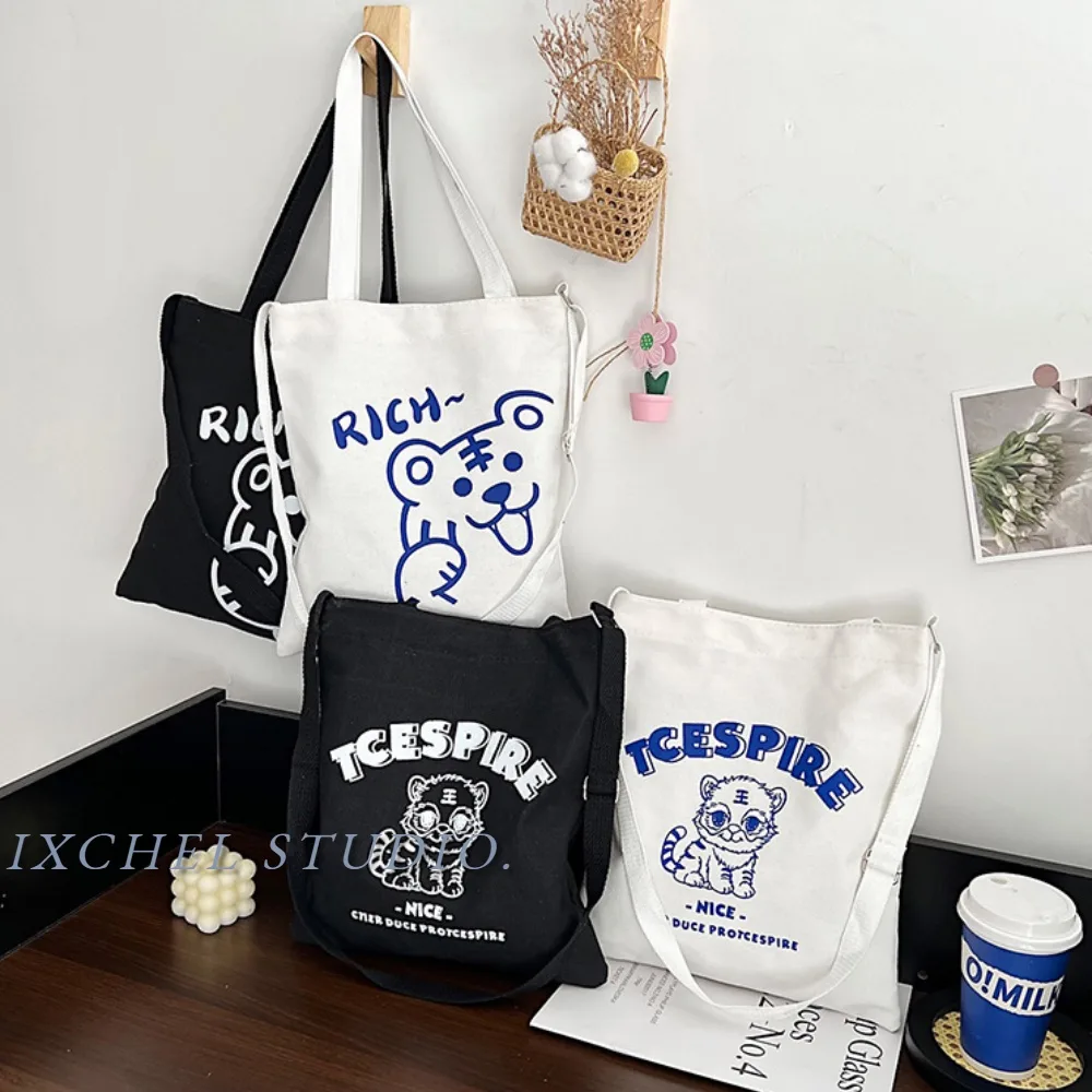 Ins Small Fresh And Large Capacity Cute Tiger Printed Canvas Tote Bag Korean Version Of The Student Class Hand Bag Messenger Bag