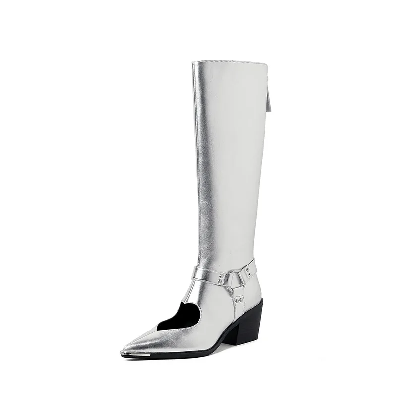 Genuine Leather Shoes Woman Knee HIgh Boots Spring Autumn Pointed Toe CHunky Heels Black Silver Dress Party Casual Shoes