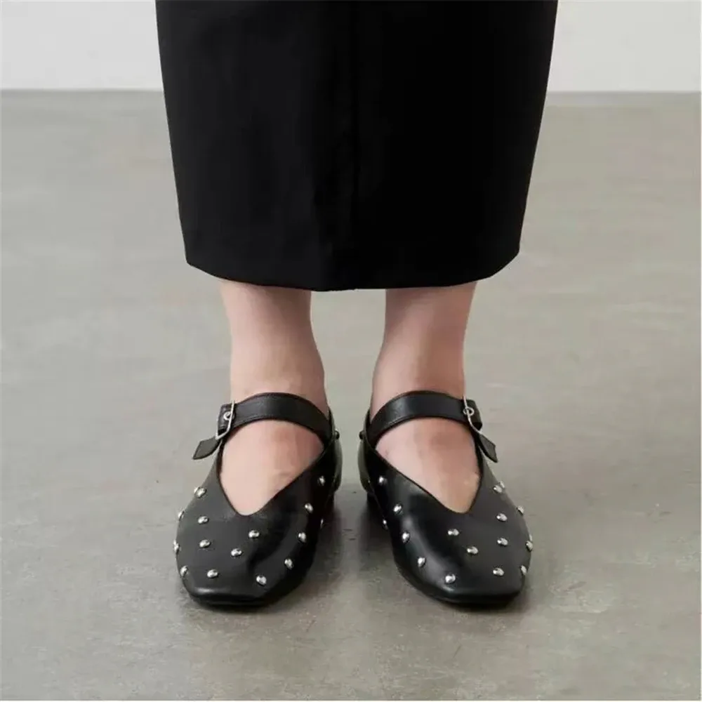 New Rivets Women Flats Genuine Leather Buckles Spring Summer Fashion Soft Leather Shoes Mary Jane Flats Shoes Woman