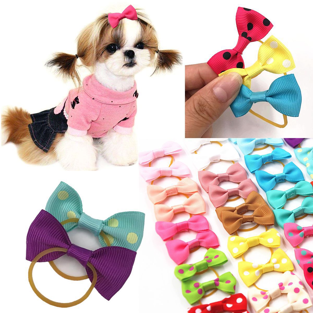 20 Colors Pet Dog Polka Dot Solid Color Small Bow And Rubber Band Hair Tie