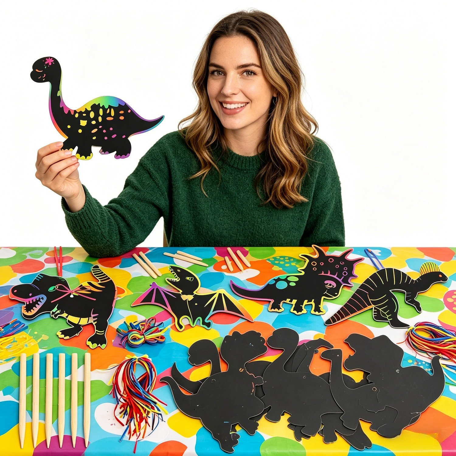 100-piece Dinosaur Scratch Art Set With 48 Sheets, 1 Wooden Stylus, And 50 Colorful Strings For Creative Activities—party Accessory Set