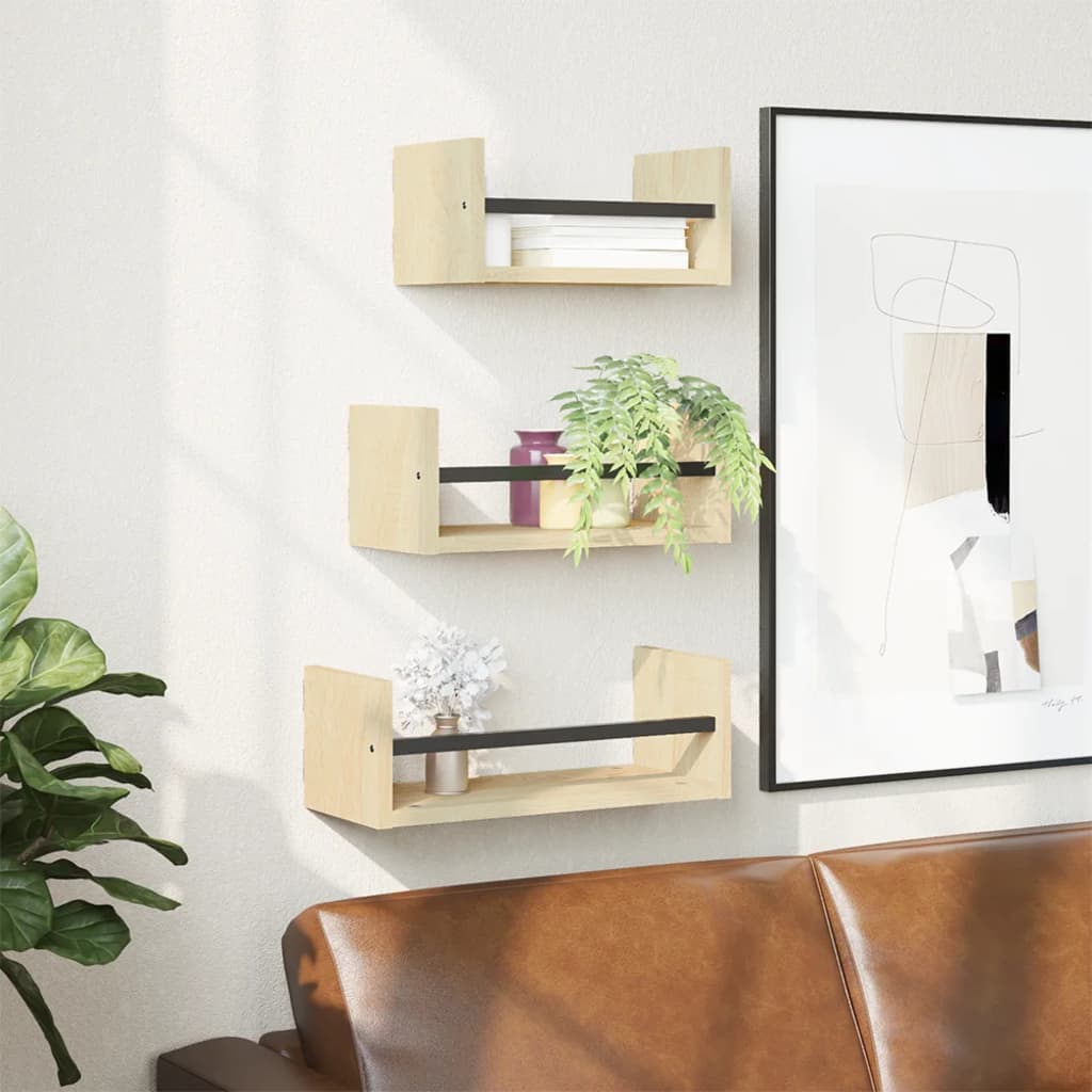 3-piece wall shelf set with rods, Sonoma oak wood composite