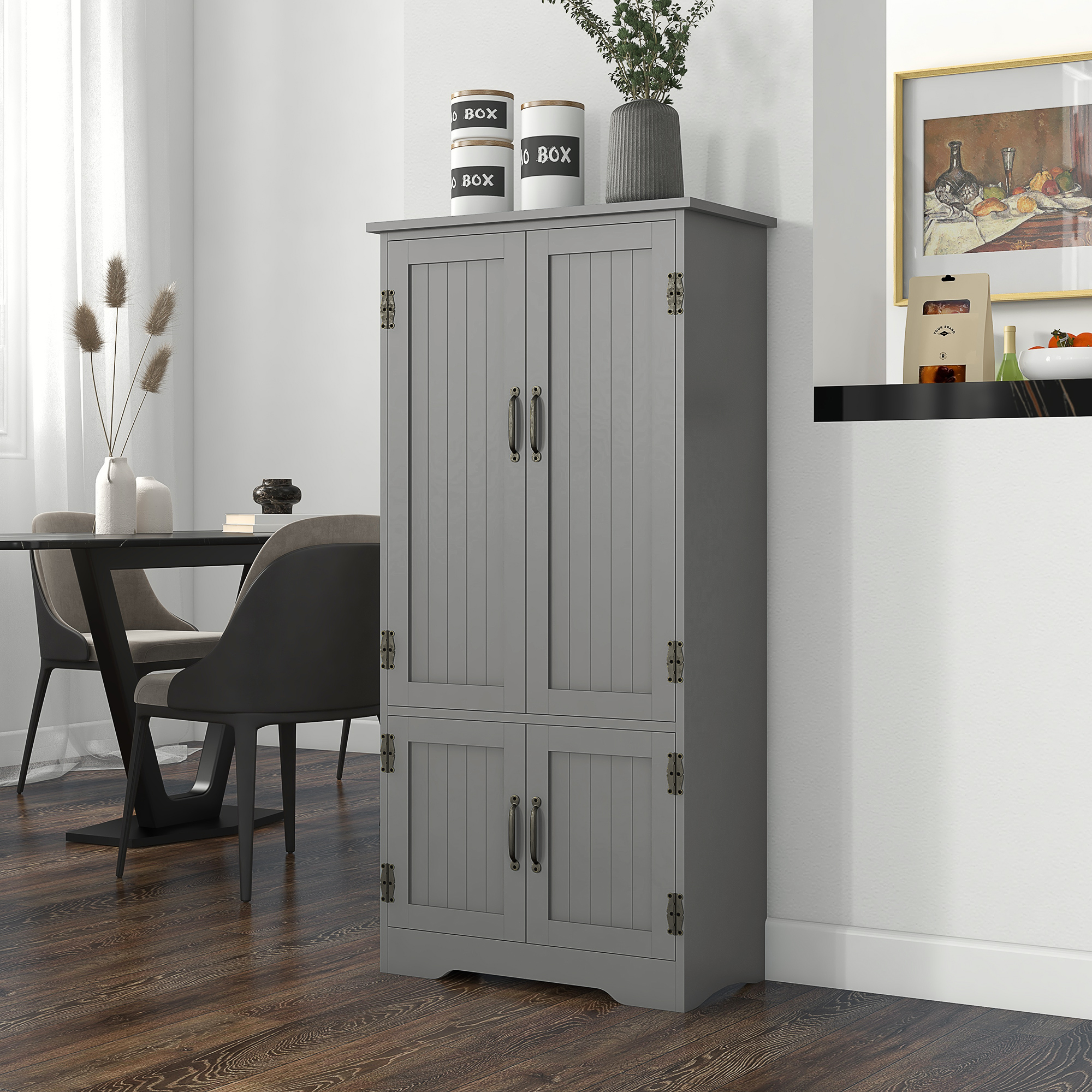 Accent Floor Storage Cabinet Kitchen Pantry with Adjustable Shelves and 2 Lower Doors, Gray