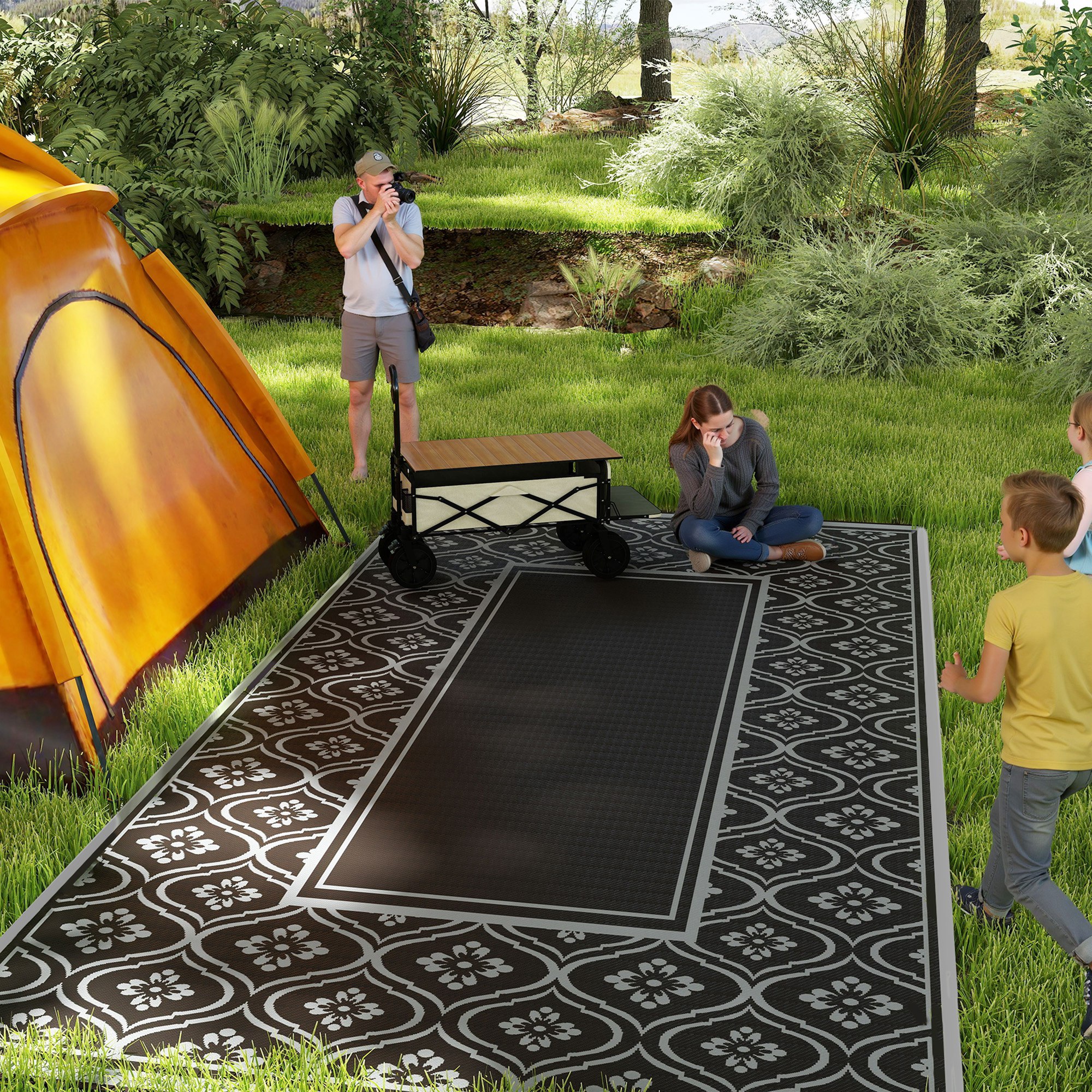 Reversible Outdoor Rug, Waterproof Plastic Straw with Carry Bag, 9' x 18', Black & Gray Gourd Border