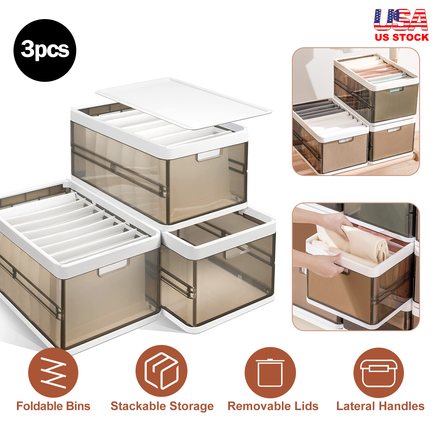 3 Pack Foldable Storage Bin With Lid Stackable Plastic Closet Organizer With Handle Divider Collapsible Drawer Organizer For Toys Clothes