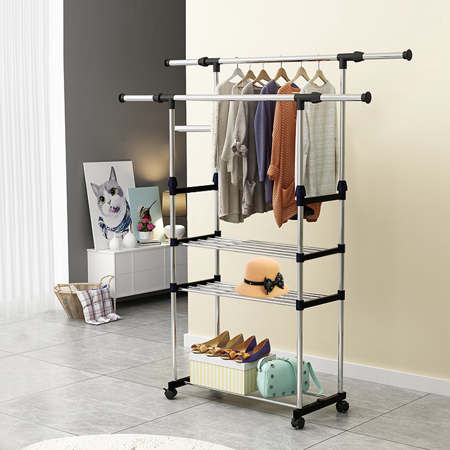 1Pc Extendable Garment Hanging Rack Clothing Hanging Rail Pillow Shoe Display Organizer With Rolling Wheels Hold Up To 77LBS