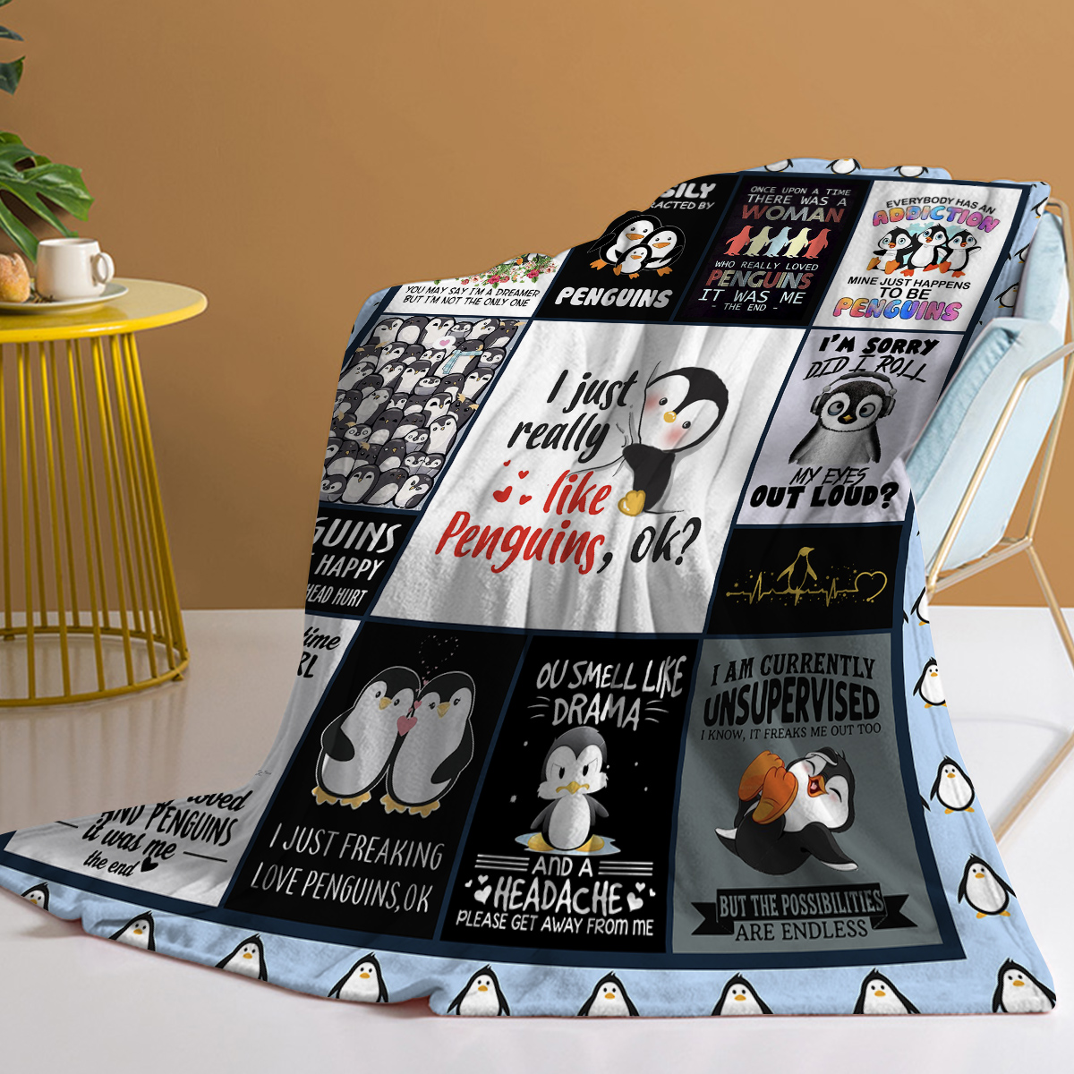 1 Pce Of Flannel With Various Forms Of Penguin Patterns, Soft And Fluffy, Multifunctional Outdoor Beach Camping, Living Room Sofa, Office Nap, Printed Blanket