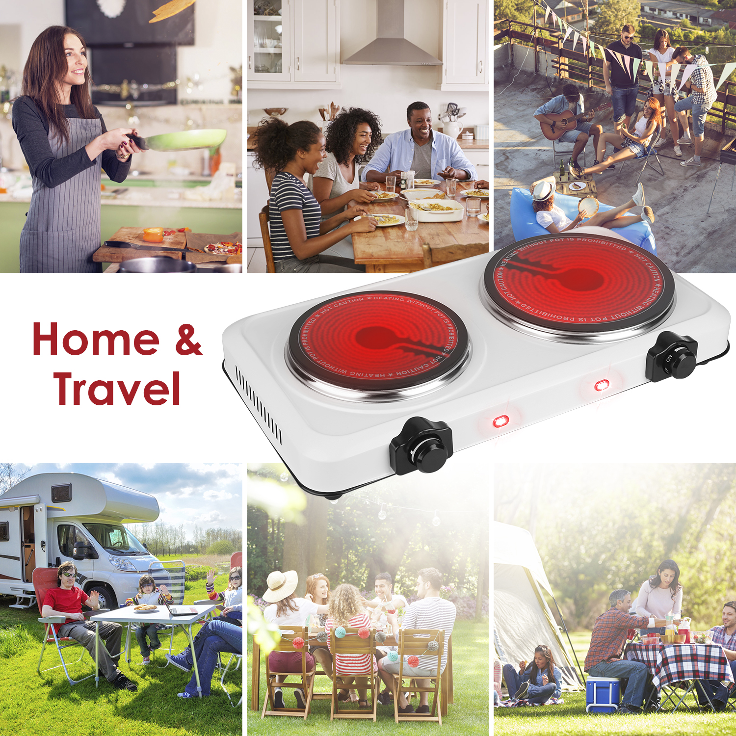 1Pc 2000W Electric Infrared Dual Burner Portable Heating Hot Plate Stove Countertop RV Hotplate With Glass Cooktop Stepless Temperature Adjustments For Home RV Camp