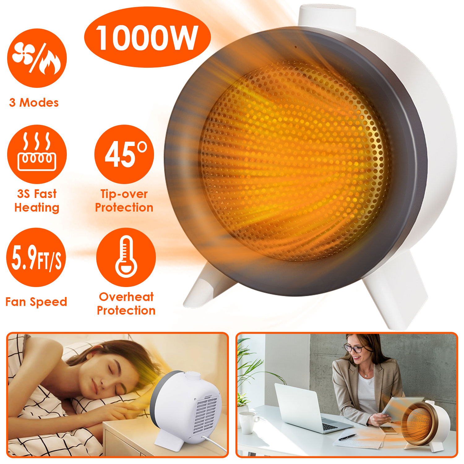 1Pc Electric Space Heater Ceramic Heater Fan Heating Fan With 3 Modes 3S Fast Heating Tip-over Overheating Protection For Home Office Dormitry