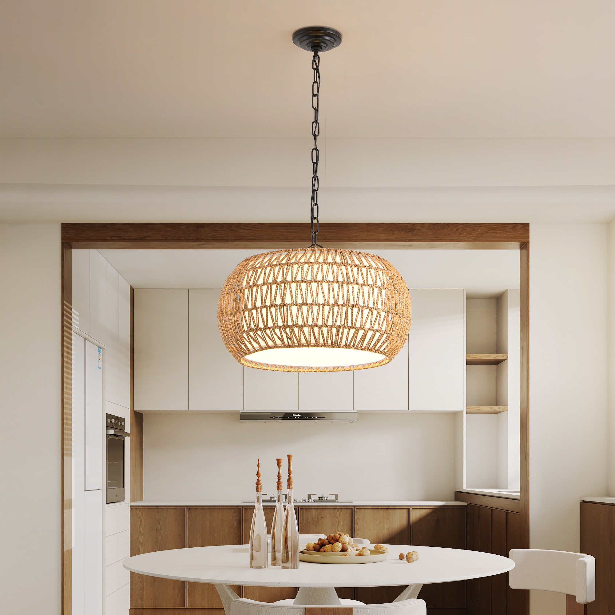 18inch Farmhouse Pendant Light With Adjustable Height, Boho Woven Jute Rope Hanging Ceiling Light Fixture, E26 Base, 60W Max, Compatible With Flat, Vaulted, And Sloped Ceil Bulb Not Included