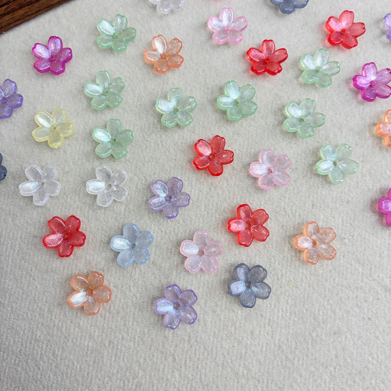 11mm Fine Glitter 5-Petal Acrylic Flower Beads, Sparkly Center-Hole Charms For DIY Hanfu Hairpin Flower Bases & Jewelry Making.