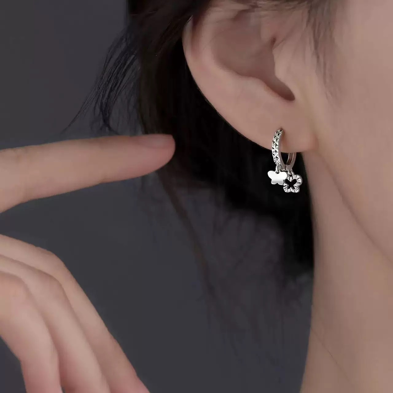 1 Pair 999 Sterling Silver Faceted Butterfly & Clover Hoop Earrings, Minimalist & Elegant, Perfect For Daily, Dating & Gifting, Ideal Valentine's Gift