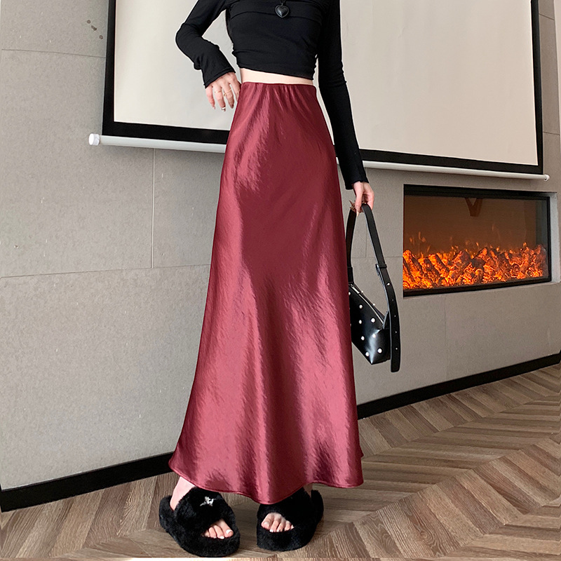 Acetate Satin Skirt Womens Autumn High-Waisted Slimming A-Line Skirt