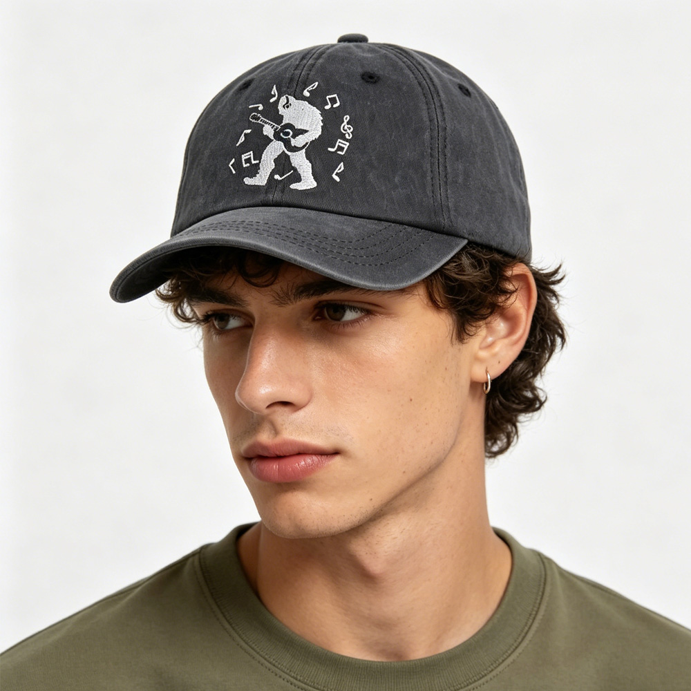 2pcs Bigfoot Playing Guitar Embroidered Baseball Cap - Vintage Washed Cotton Hat, Adjustable Unstructured Low Profile, Music & Sasquatch Cap For Men Women