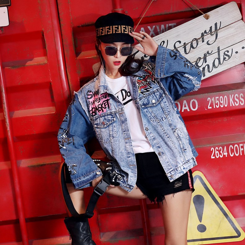 Abstract Print Long-sleeved Denim Jacket