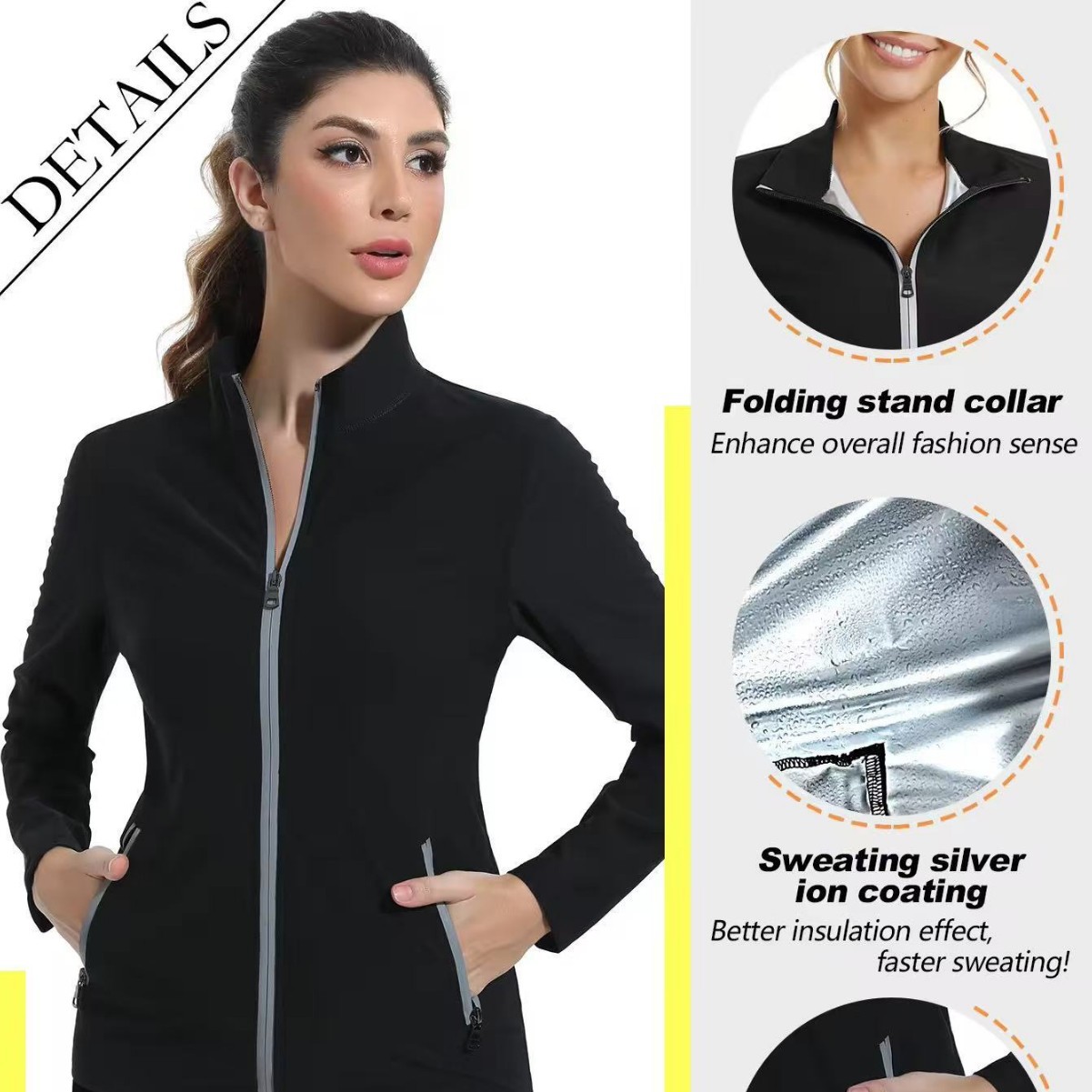 Womens Fitness Sweaty Workout Suit With Silver-Coated Stand Collar Cardigan