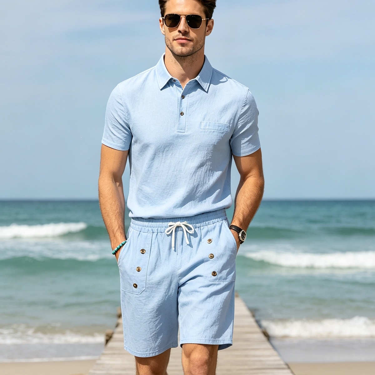 Mens Lapel Linen Polo Shirt And Shorts Set