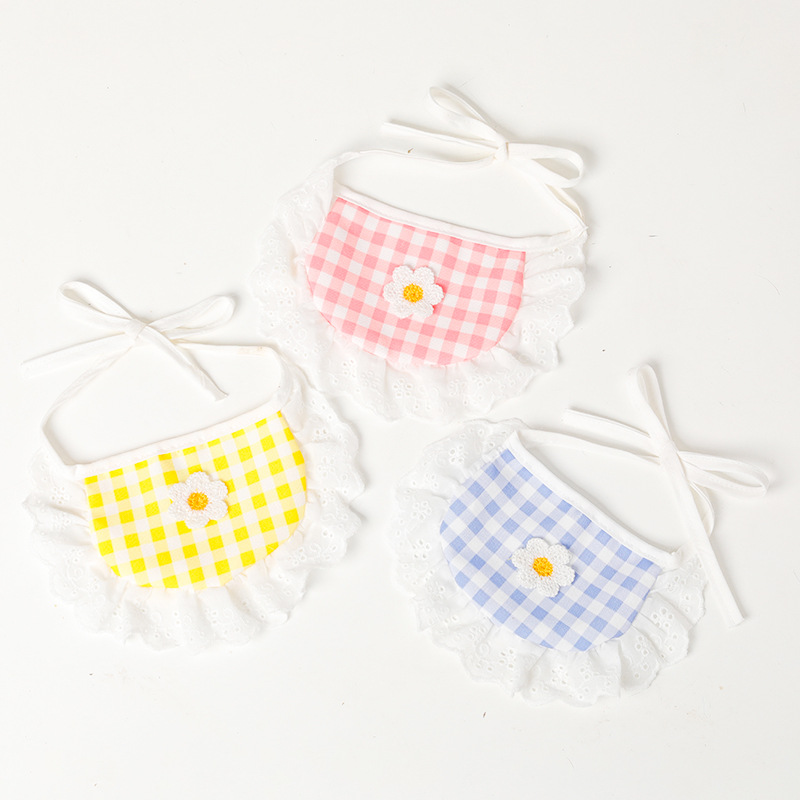 Cat Dog Saliva Towel Cute Lace Bib Plaid Pet