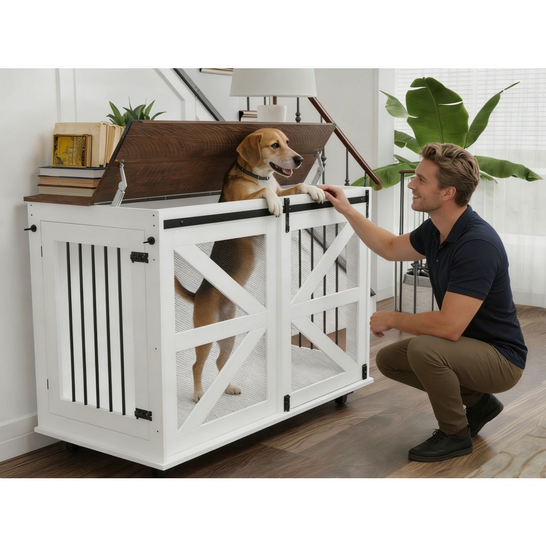 47.2 Mobile Dog Crate With Flip-Top Feeding Door, Dual-Access & 5 Caster System 2 Locking, Side Hooks - Multi-Functional Pet Kennel,double Dog Crate Furniture
