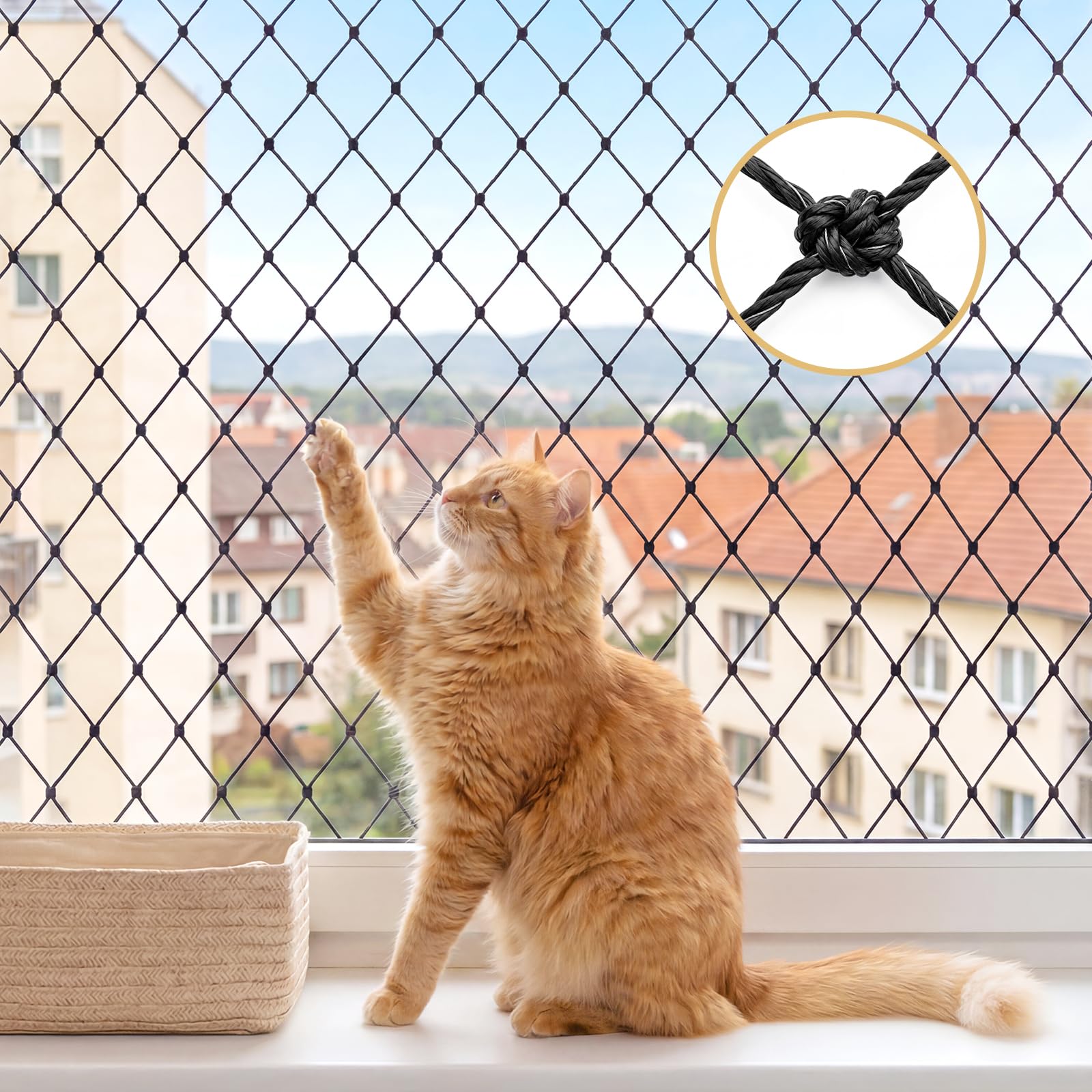 Cat Netting Balcony, 10-13 Ft Steel Wire Reinforced Mesh For Pets Anti Fall, Scratch And Bite Resistant, All Weather Protection For Patio, Window, Stair, Railing, Mounting Kit Included