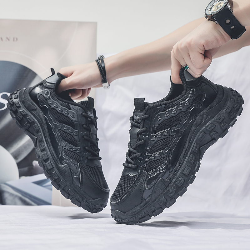 Men Black Safety Work Sneakers, Breathable Anti-slip Tire Sole Height Boost Trendy Dad Shoes