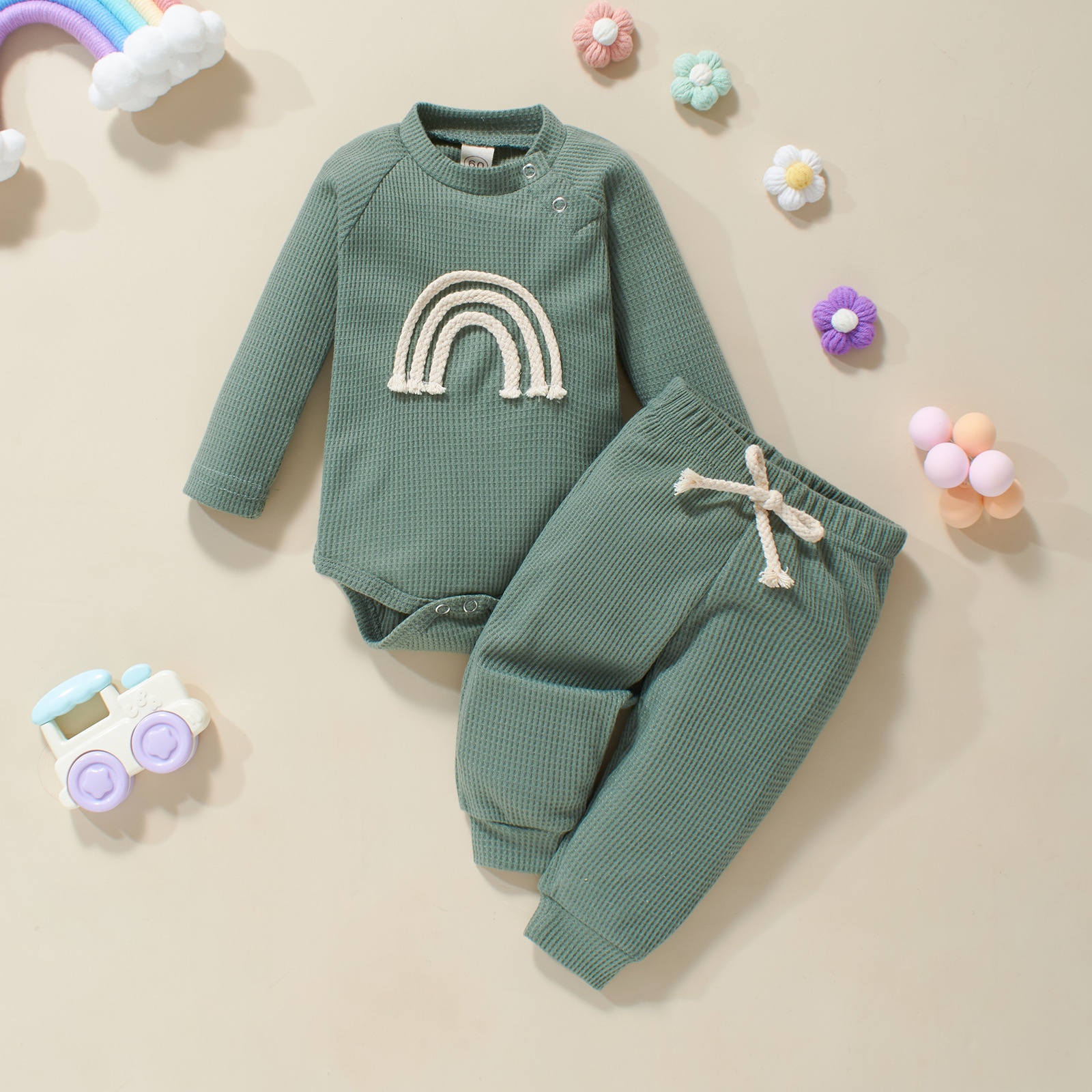 Autumn And Winter Infant Toddler Five-color Embroidered Rainbow Romper Two-piece Set