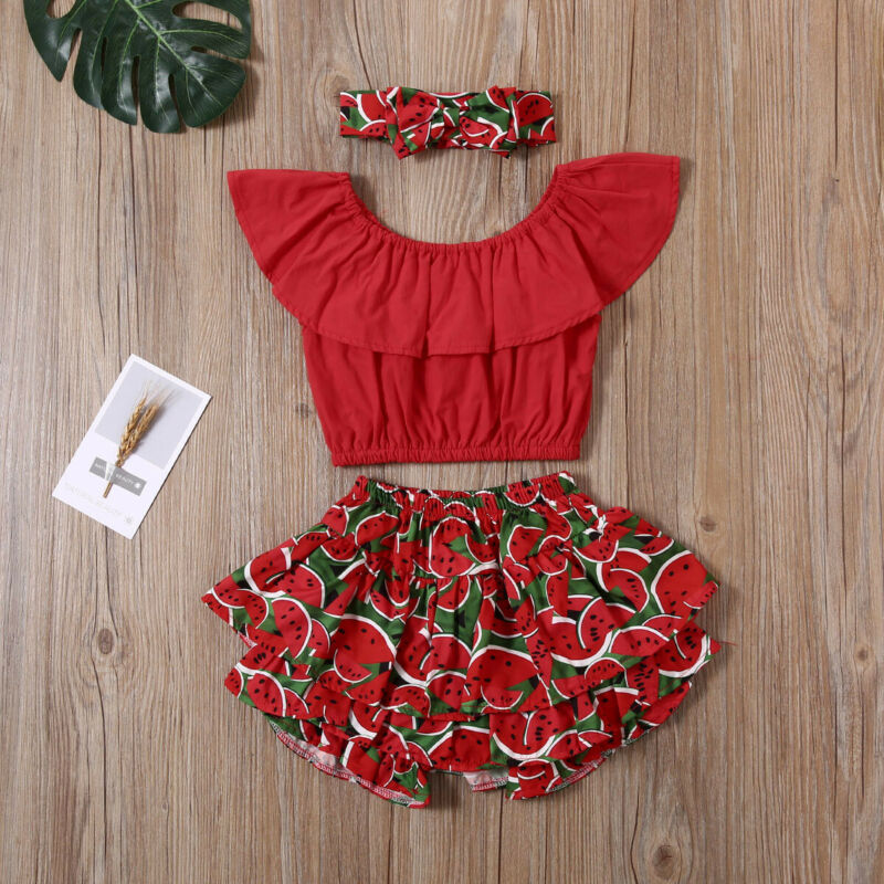 1-6T Baby Girls Ruffle Top Set Watermelon Shorts And Headband Pants Summer Clothes