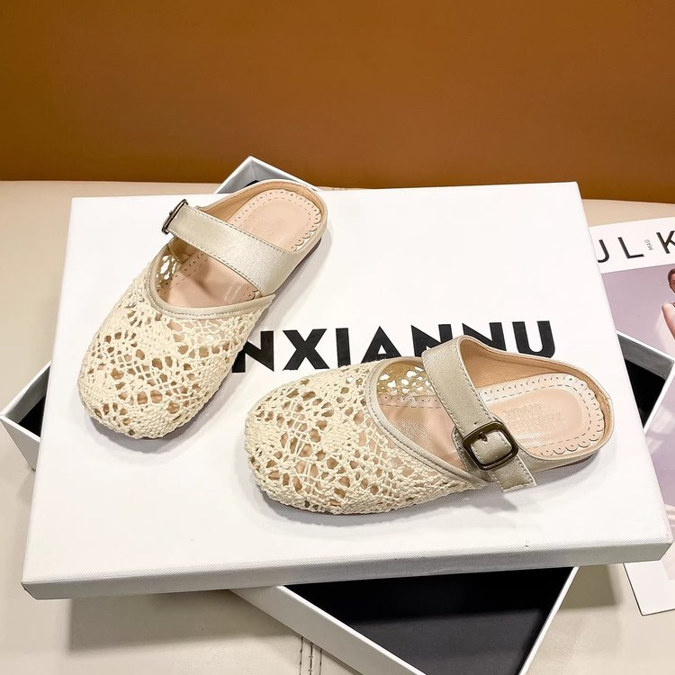 2026 New Summer Girls Hollow Round Toe Mule Slippers, Woven Closed Toe Retro Fashion Flat Slide Sandals, Casual Simple Outdoor Wear