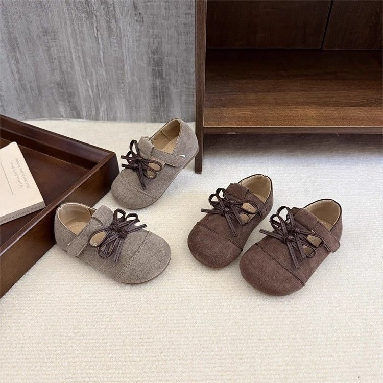 2026 Spring New Arrival, Girls' Vintage Suede Flat Shoes, Casual Loafers With Knotted Bow Decoration