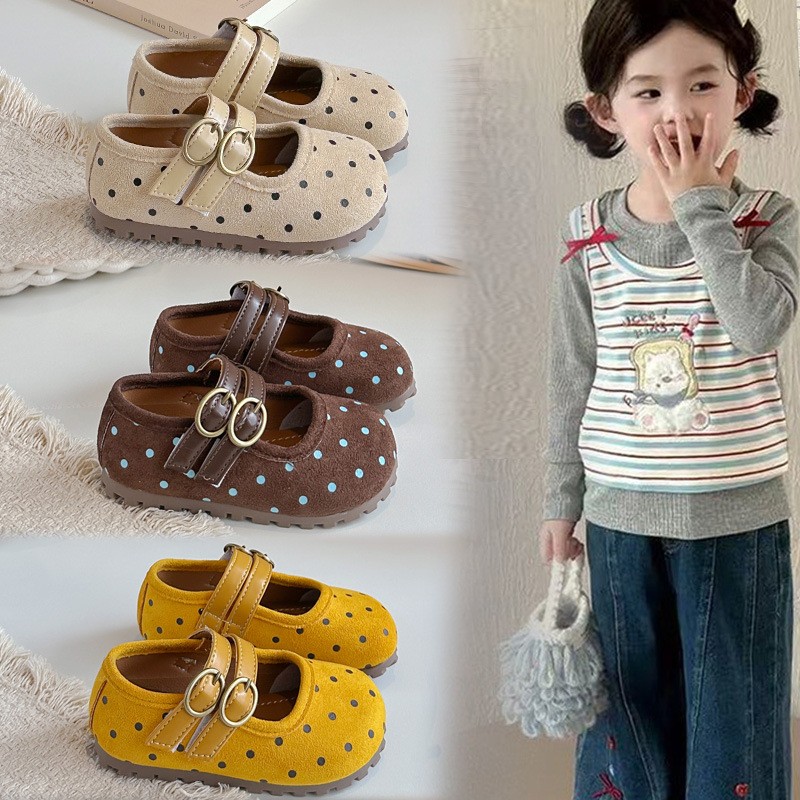 2026 Spring & Autumn New Kids Forest Style Polka Dot Leather Shoes, Korean Style Girls Shallow Mouth Princess Shoes, Soft Sole Casual Flats