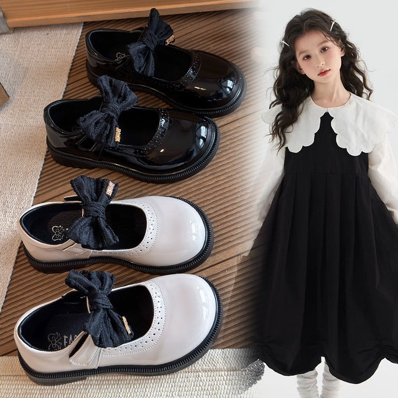2026 Spring New Kids Leather Shoes, Stylish Black Bow Princess Mary Jane Flat Shoes For Girls