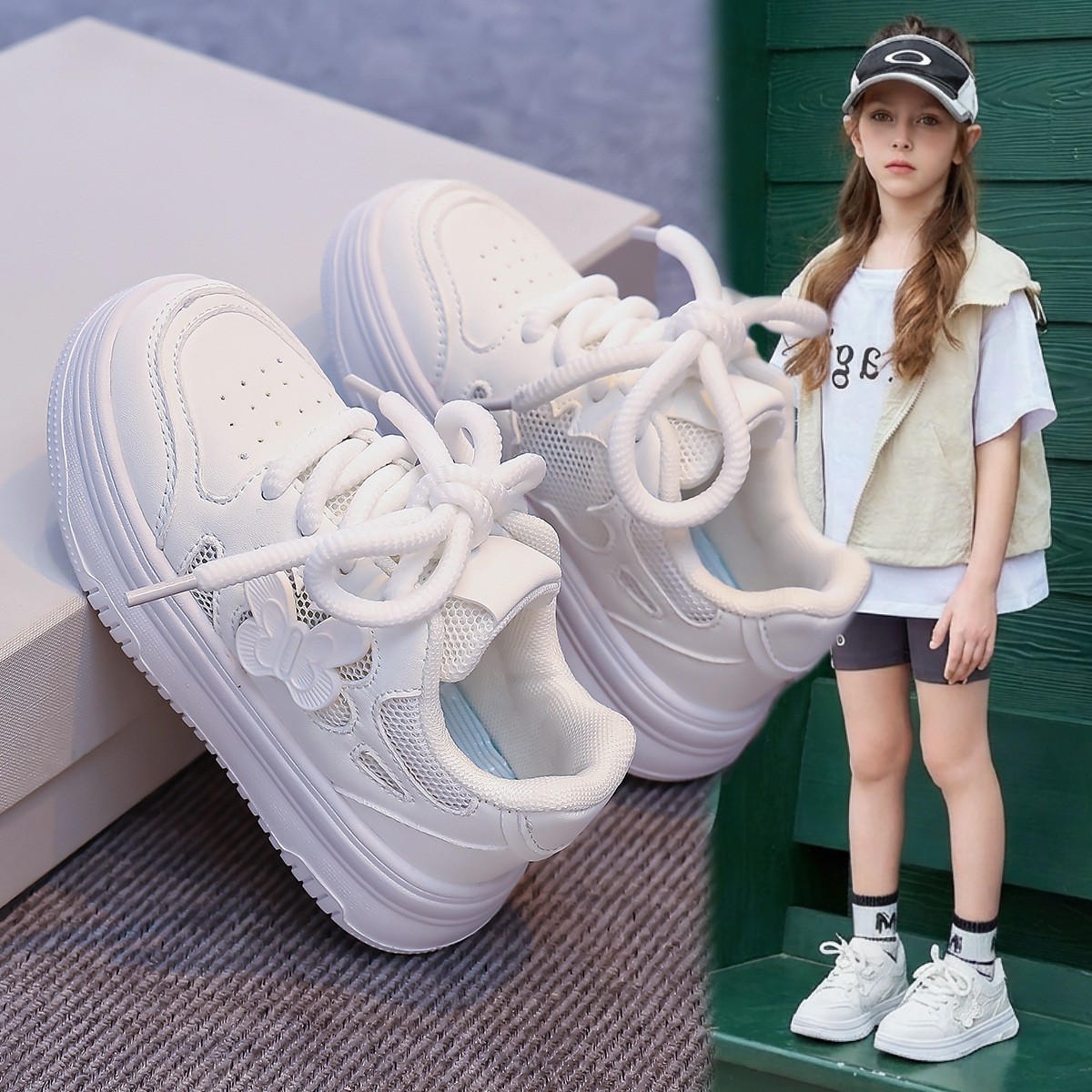 2026 Spring Summer Kids Skate Shoes, Breathable Mesh White Sneakers For Girls, Lightweight Versatile Performance & Running Shoes