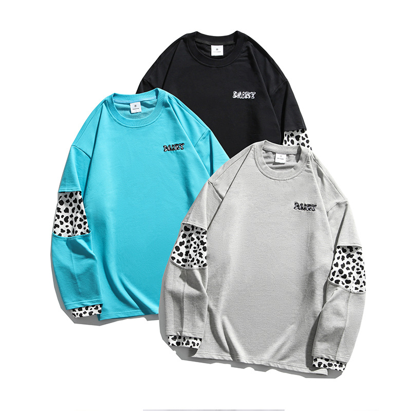 Spring New Couple Men's And Women's Compassionate Fake Two-Piece Round Neck Hip-Hop