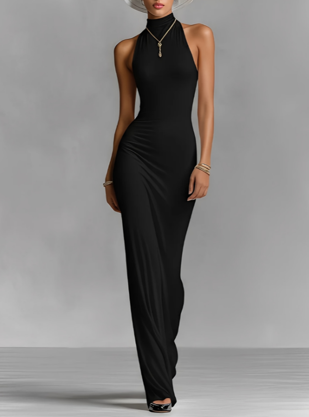 2026 New Black High Collar Hanging Neck Sleeveless High Elasticity Slim Fit Hip Hugging Long Dress
