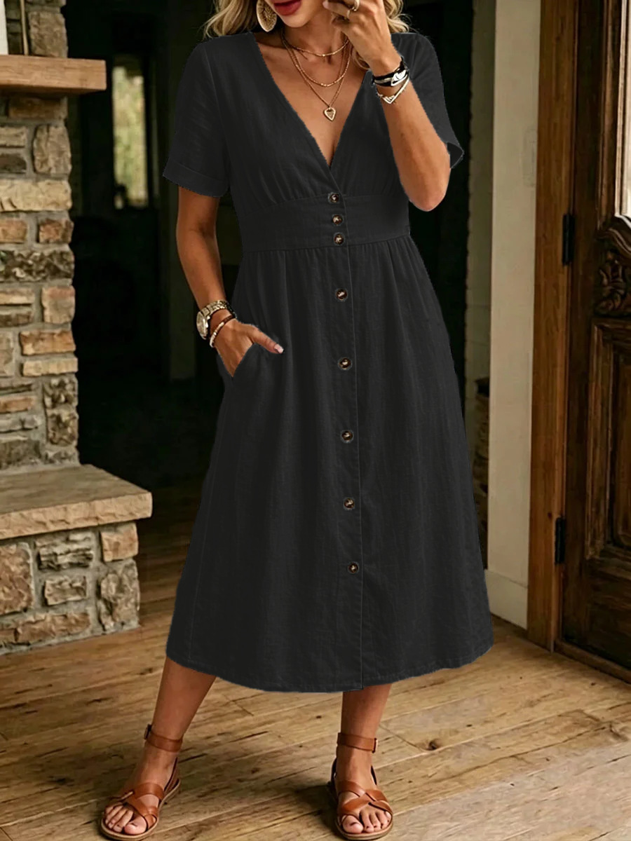 2026 European And American Cross-border Spring And Summer New Women's Clothing Casual Loose Fashion Short-sleeved Dress Casual Loose Imitation Hemp
