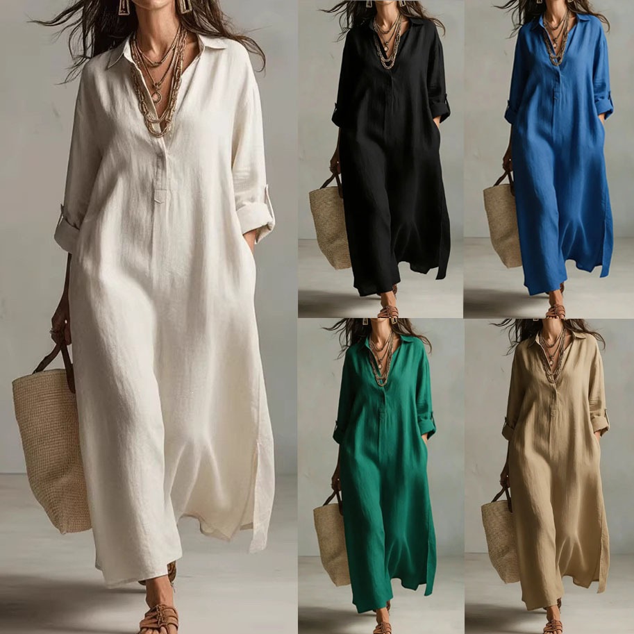 A Beige Linen Shirt Dress With A Relaxed French Vacation Vibe, Featuring A Turned-down Collar With A Half-placket, Rolled-up Sleeves, Side-slit Pockets, And A Long Shirt Dress Designperfect For Trave