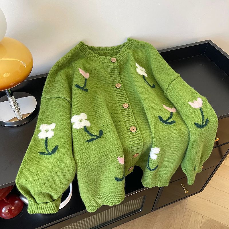 Womens Green Floral Sweater Coat Knitted Cardigan Top